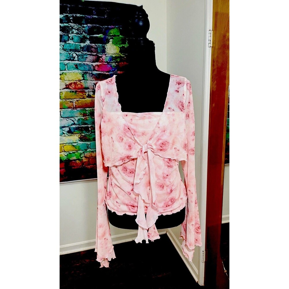 Verdusa Women's Size XL Pink Y2K Floral Whimsygoth Bell Sleeve Blouse Top
